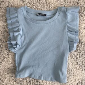 Zara Light Blue Ribbed Crop Top Ruffle Sleeves Size Small